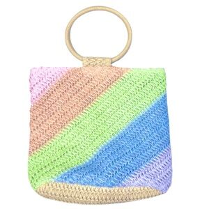 Easter or Spring Summer Multicolor Straw Crochet Handbag Round Wood Handle NWOT